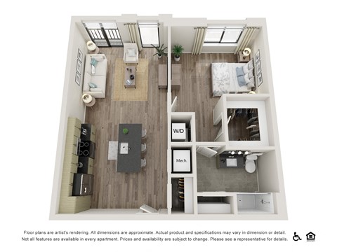 Floor plan for 1 bed, 1 bath, 741 sqft